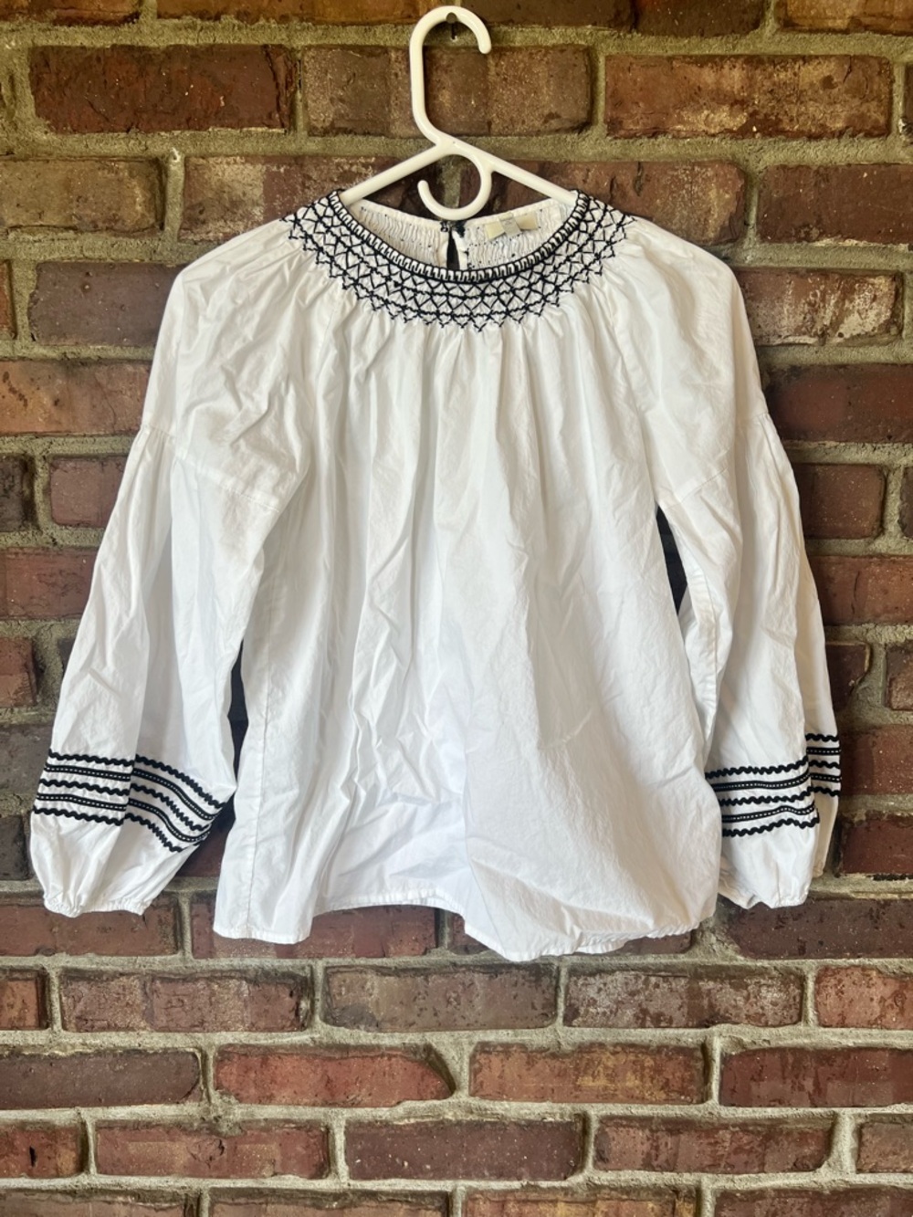 Joie Cotton White Smocked Neck Peasant Blouse with Black Embroidery Folk Style